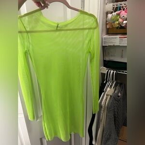 Neon Lime Sheer Long Sleeve Mesh Dress
